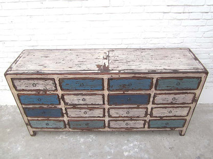 China breite Kommode Sideboard shabby chic 16 Schubladen weiß blau Pinie