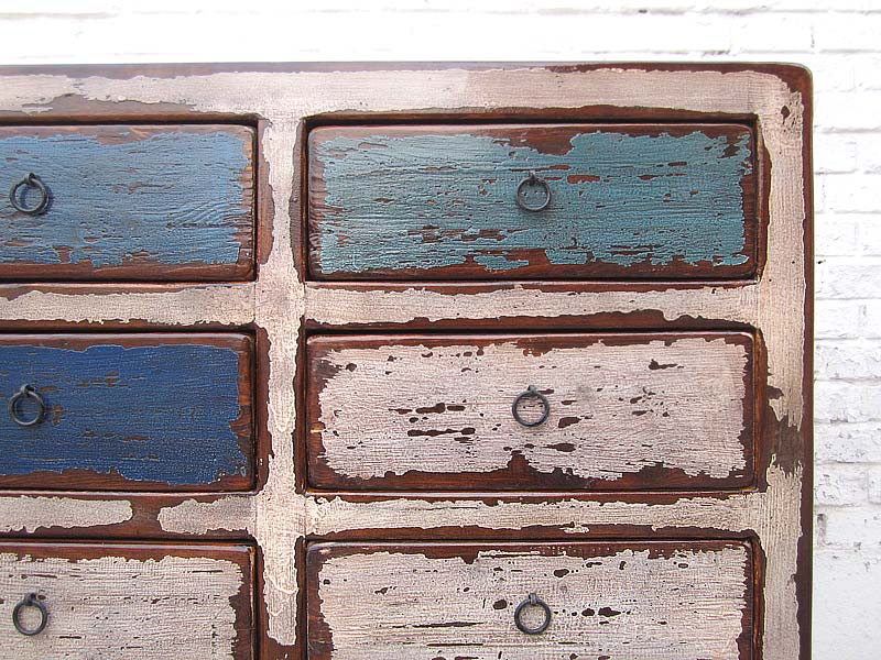 China breite Kommode Sideboard shabby chic 16 Schubladen weiß blau Pinie