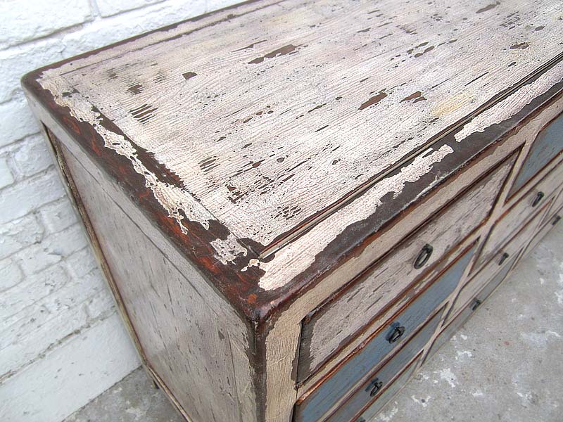 China breite Kommode Sideboard shabby chic 16 Schubladen weiß blau Pinie