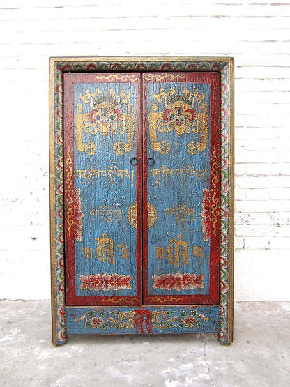 Kleine Kommode Schrank blau-rot vintage style Vollholz aus Tibet