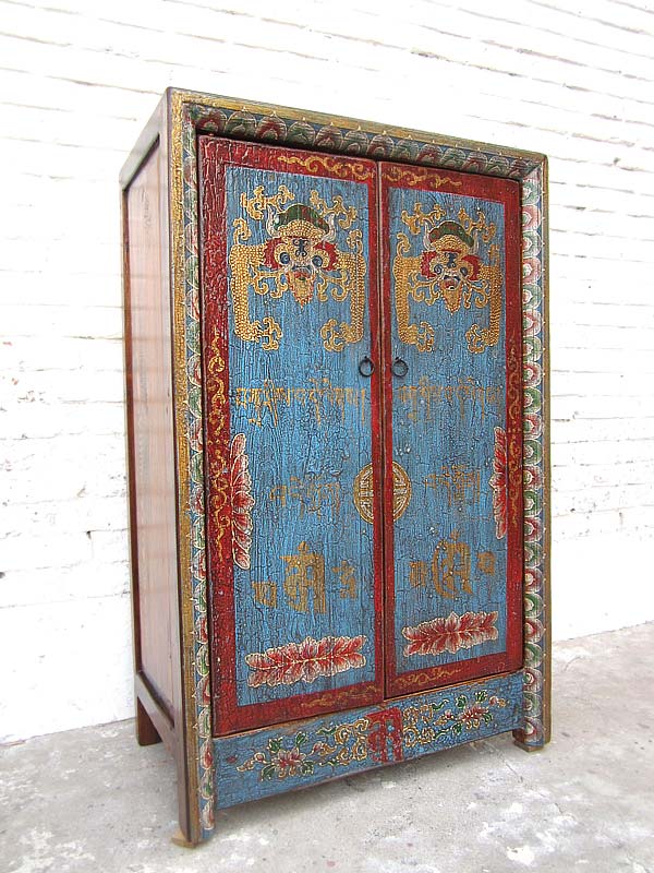 Kleine Kommode Schrank blau-rot vintage style Vollholz aus Tibet