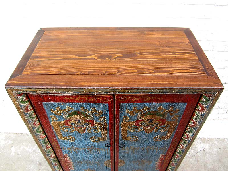 Kleine Kommode Schrank blau-rot vintage style Vollholz aus Tibet