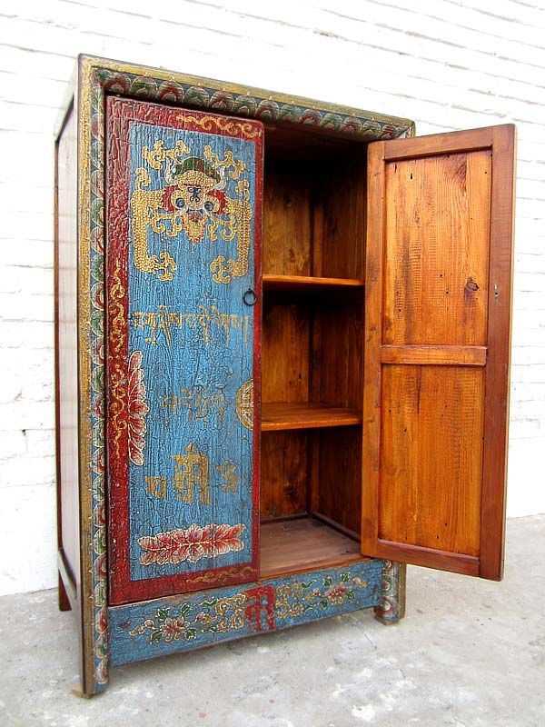 Kleine Kommode Schrank blau-rot vintage style Vollholz aus Tibet