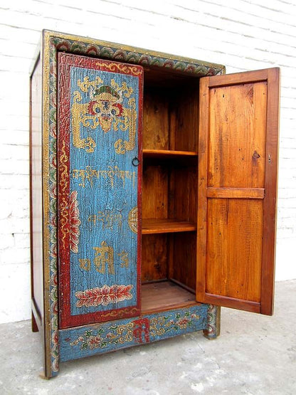 Kleine Kommode Schrank blau-rot vintage style Vollholz aus Tibet