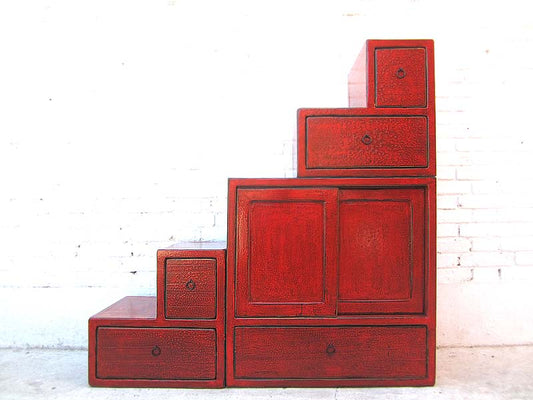 Asien Treppen Kommode Schrank rotbraun Antikfinish Vollholz