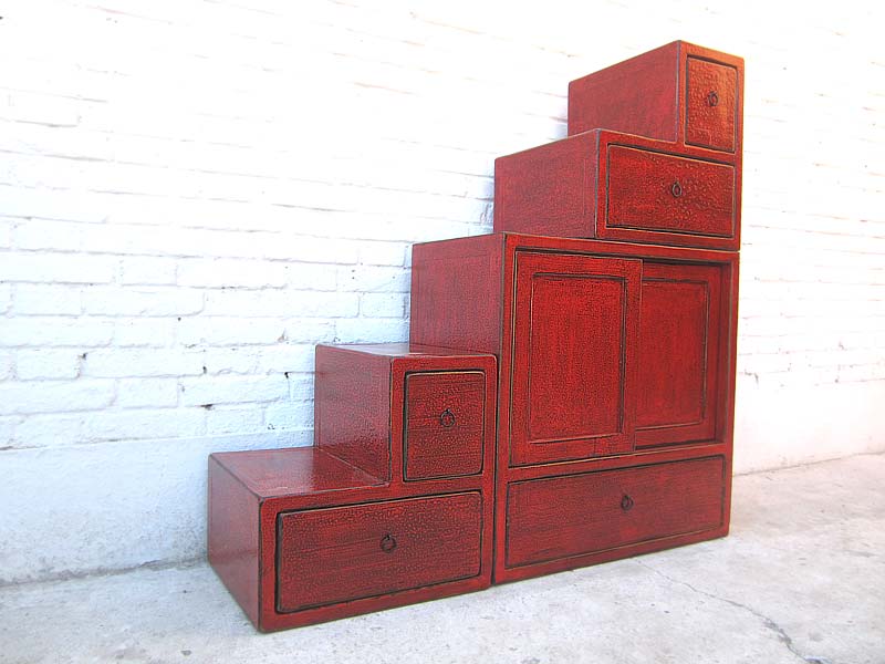 Asien Treppen Kommode Schrank rotbraun Antikfinish Vollholz
