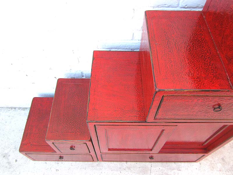 Asien Treppen Kommode Schrank rotbraun Antikfinish Vollholz