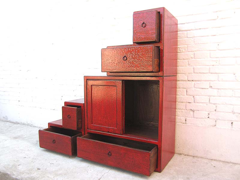 Asien Treppen Kommode Schrank rotbraun Antikfinish Vollholz