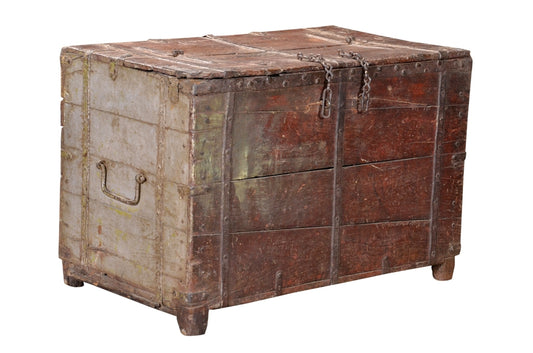 South India 1930 massive Teak Truhe Kassettenstil Metallbeschlag