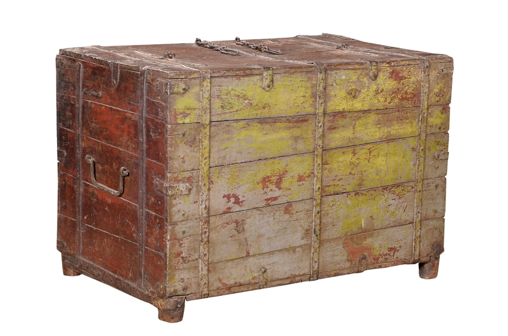 South India 1930 massive Teak Truhe Kassettenstil Metallbeschlag