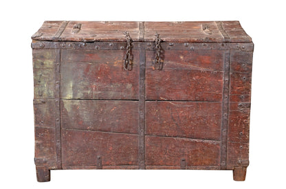 South India 1930 massive Teak Truhe Kassettenstil Metallbeschlag
